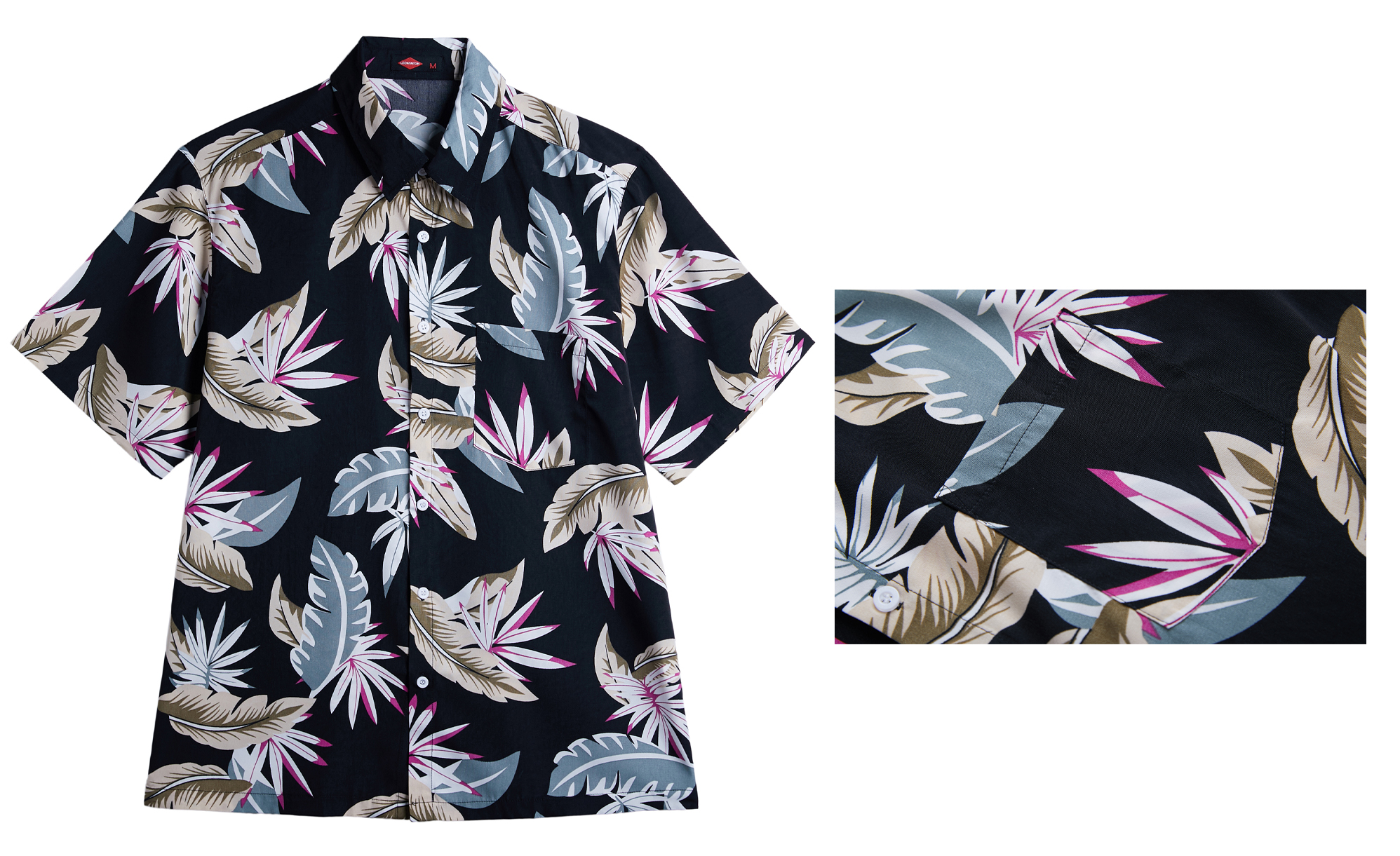 Men's Printed Button-Down Hawaiian SHORT Sleeve Shirt w/ Tropical Leaf Print