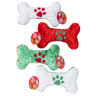 DOG Toy Christmas Chenille Bone W/paw Print Icon 8in In Pdq 4 Colors W/squeaker - Hangtag