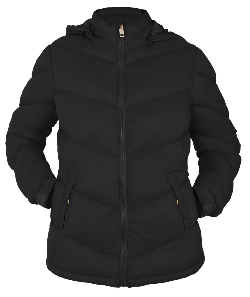 Women's Hip Length Black Puffer Jackets w/ Detachable Hood