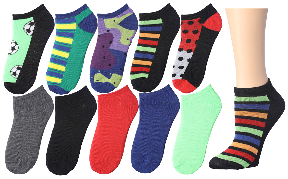 Boy's No Show SOCKS - Assorted Prints - Size 6-8 - 10-Pair Packs