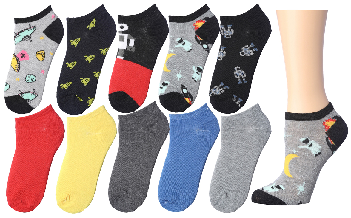 Boy's No Show SOCKS - Space Prints - Size 6-8 - 10-Pair Packs