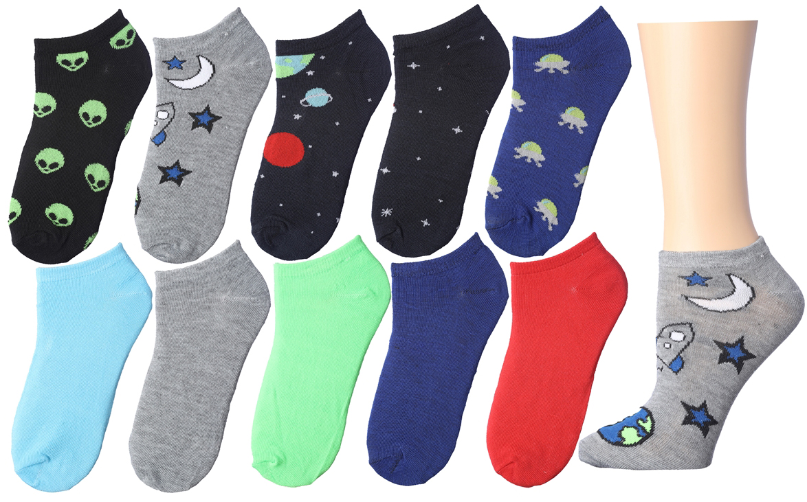 Boy's No Show SOCKS - Space Prints - Size 6-8 - 10-Pair Packs