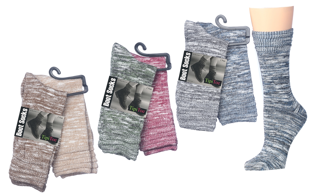 Women's Space Dye Ribbed Knit Thermal Boot SOCKS w/ Slouch Cuff - Size 9-11 - 2-Pair Packs