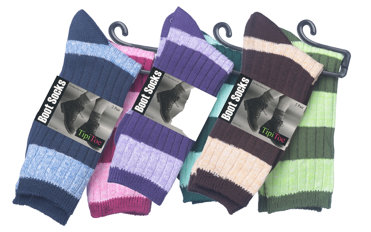 Women's Striped Ribbed Knit Thermal Boot SOCKS - Size 9-11 - 2-Pair Packs