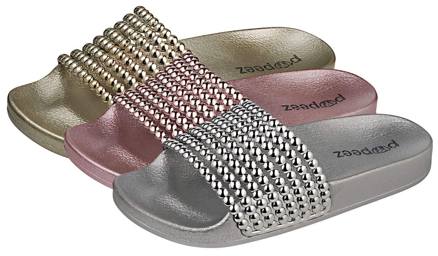 Girl's Metallic Slide SANDALS w/ Pearl Studded Strap