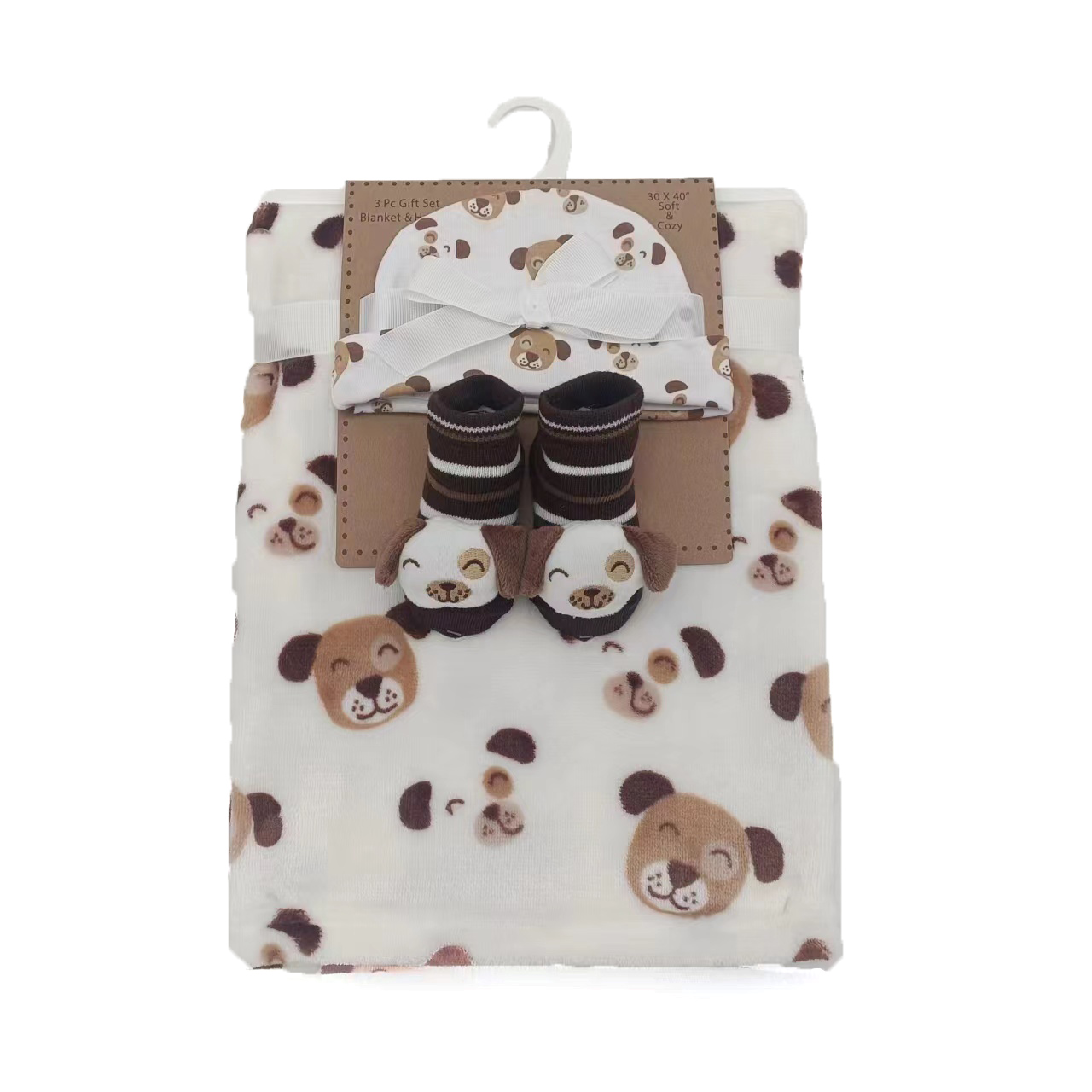 ''30'''' x 40'''' Printed Flannel Blanket, Baby Booties & Newborn Hat Sets - Puppy Dog Print''