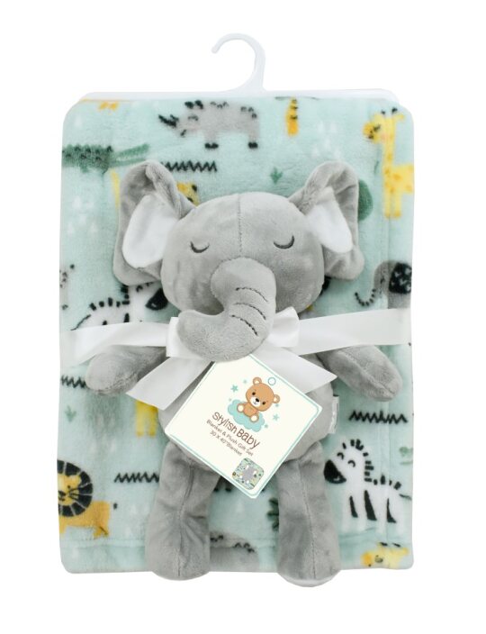 ''30'''' x 40'''' Zoo Animal Printed Baby Blanket w/ PLUSH Elephant''