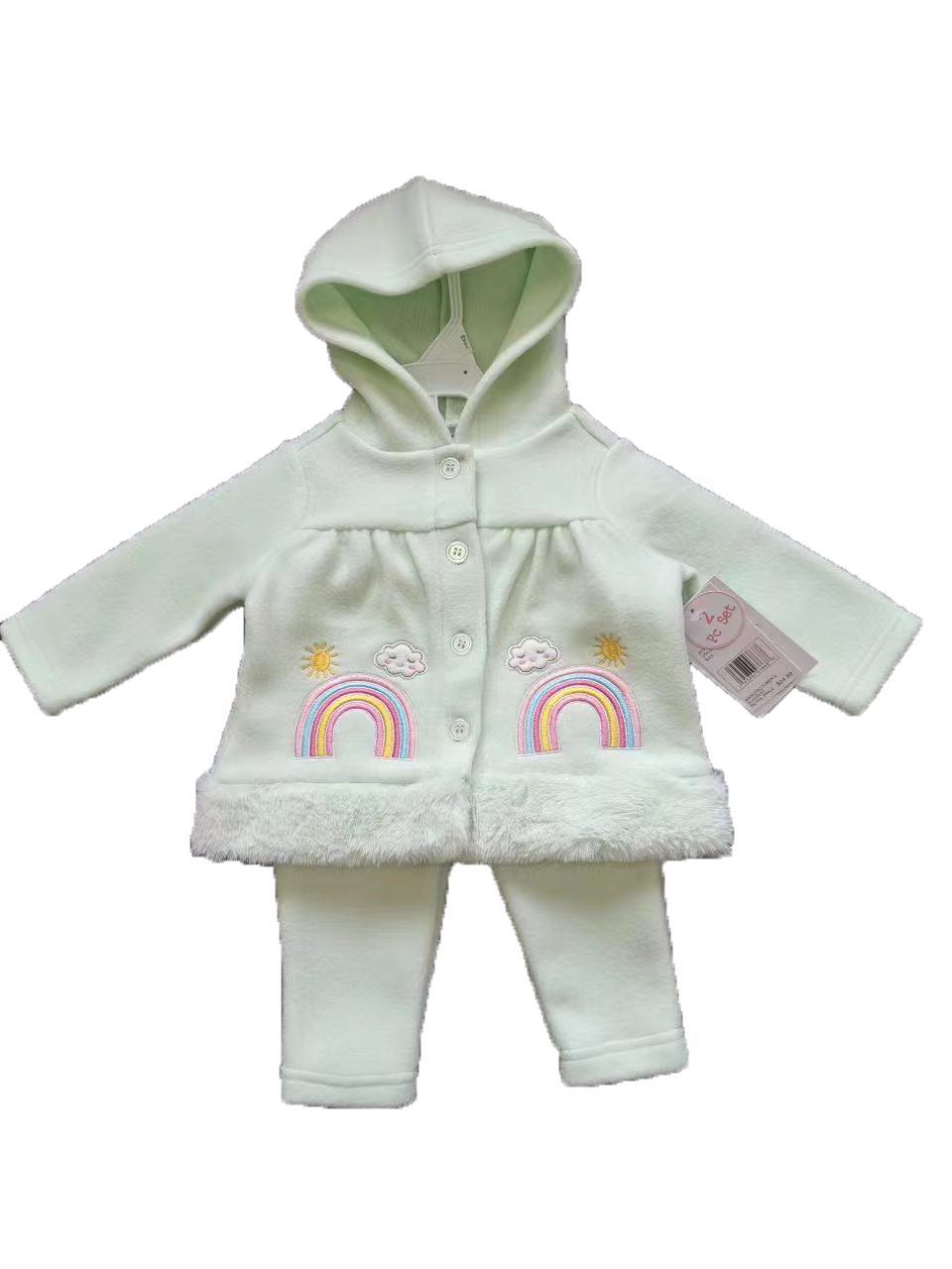 2-Piece Hooded Fleece SHIRT & Pants w/ Applique Design Print & Sherpa Trim - 0-9M - Clouds & Rainbow