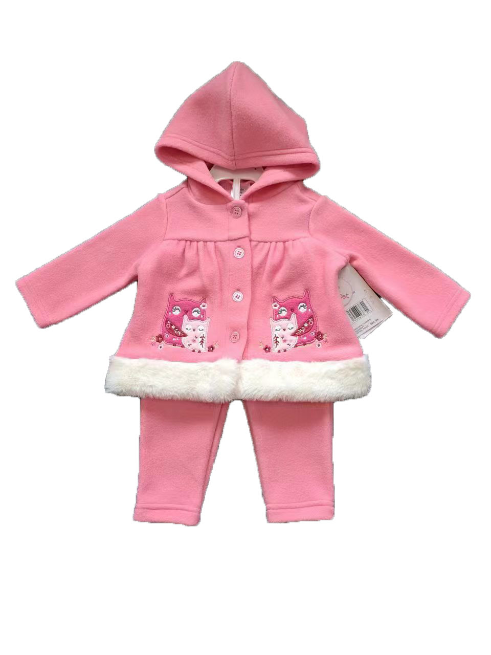 2-Piece Hooded Fleece Shirt & PANTS w/ Applique Design Print & Sherpa Trim - 0-9M - Embroidered Baby