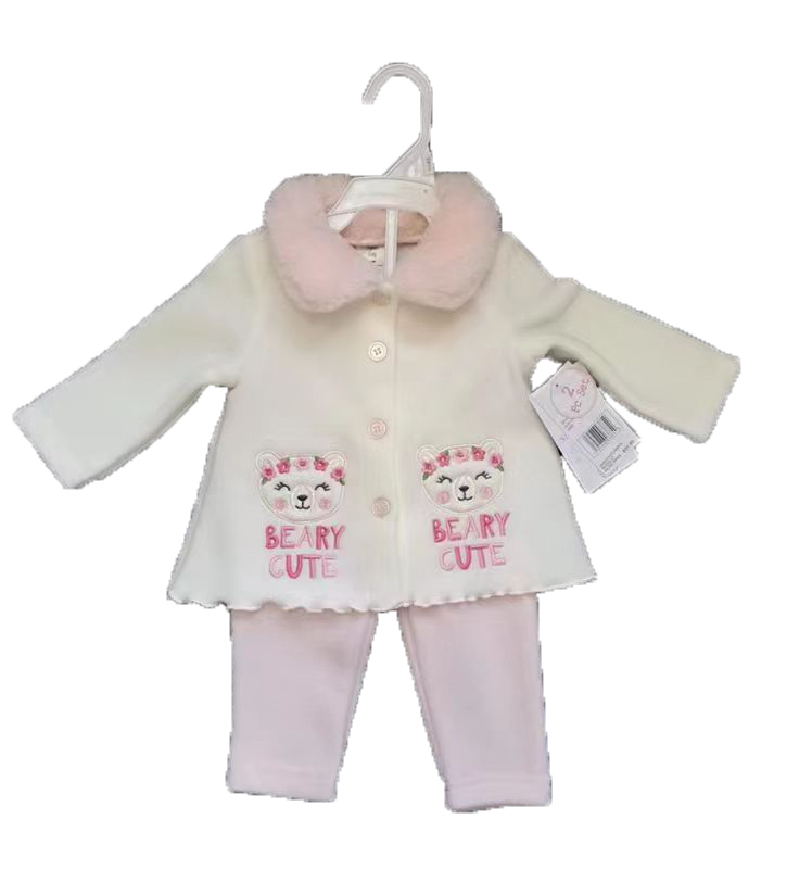 2-Piece Hooded Fleece Shirt & PANTS w/ Applique Design Print & Sherpa Trim - 0-9M - Embroidered Kitt