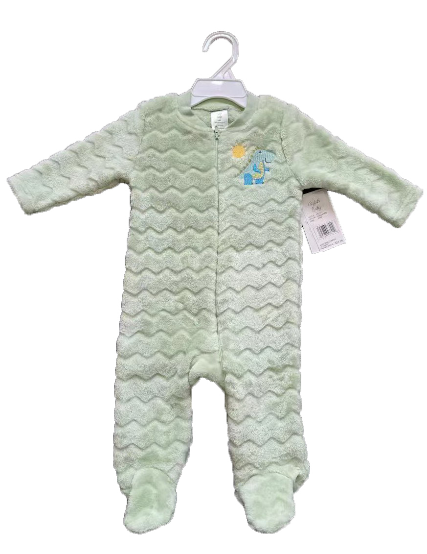 260 GSM Textured Coral Fleece BABY's Onesies w/ Embroidered Applique - 0-9M - Dinosaur Patch