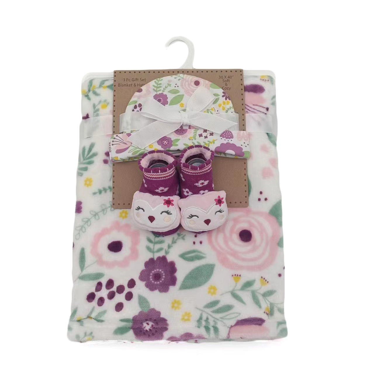 ''30'''' x 40'''' Printed Flannel Blanket, Baby Booties & Newborn Hat Sets - Floral & Leaf Print''