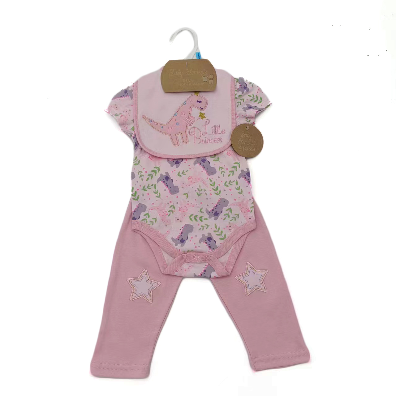 ''3-Piece Printed Romper, PANTS, & Embroidered Bib Sets - Dinosaur & Star Print''