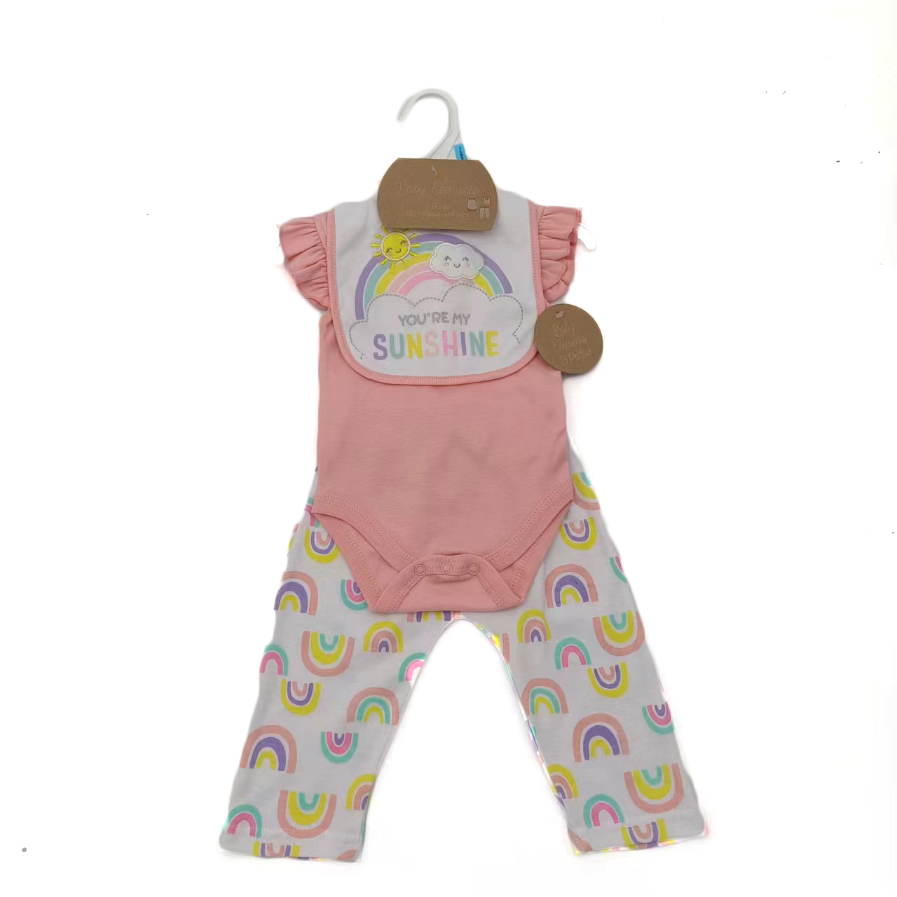 ''3-Piece Printed Romper, Pants, & Embroidered Bib Sets - Rainbow & Sunshine Print''