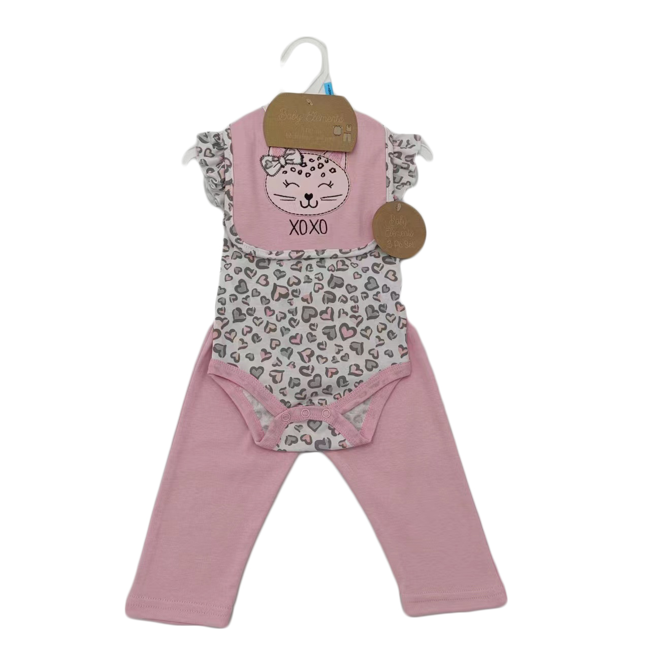 ''3-Piece Printed Romper, PANTS, & Embroidered Bib Sets - Leopard''