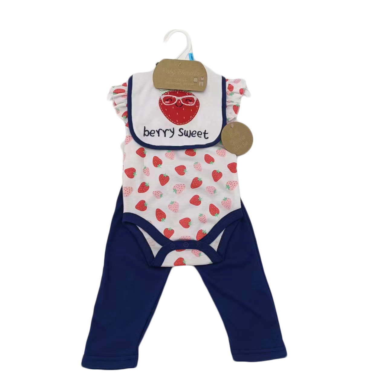 ''3-Piece Printed Romper, Pants, & Embroidered Bib Sets - Strawberry Print''