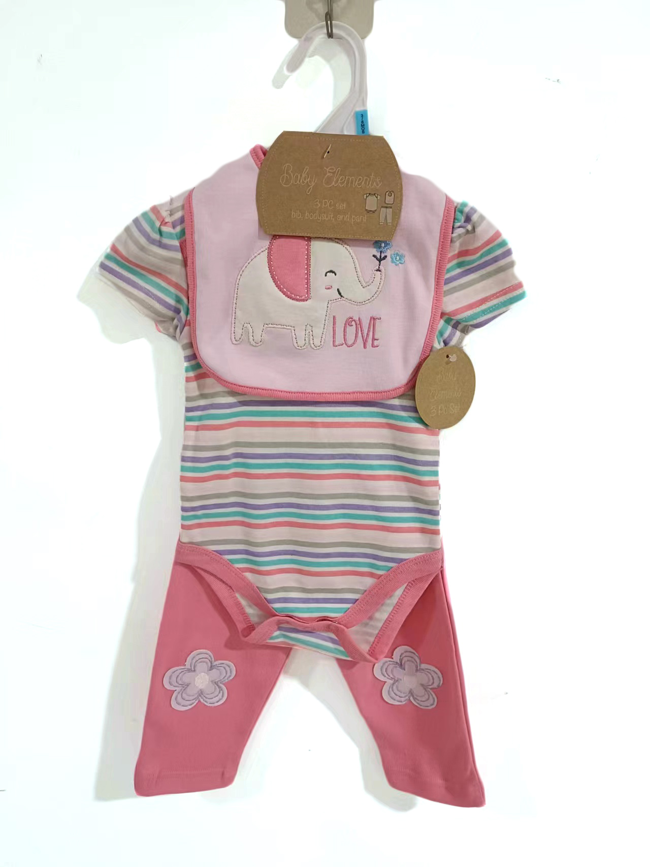 ''3-Piece Printed Romper, Pants, & Embroidered Bib Sets - Stripe & Floral Print''