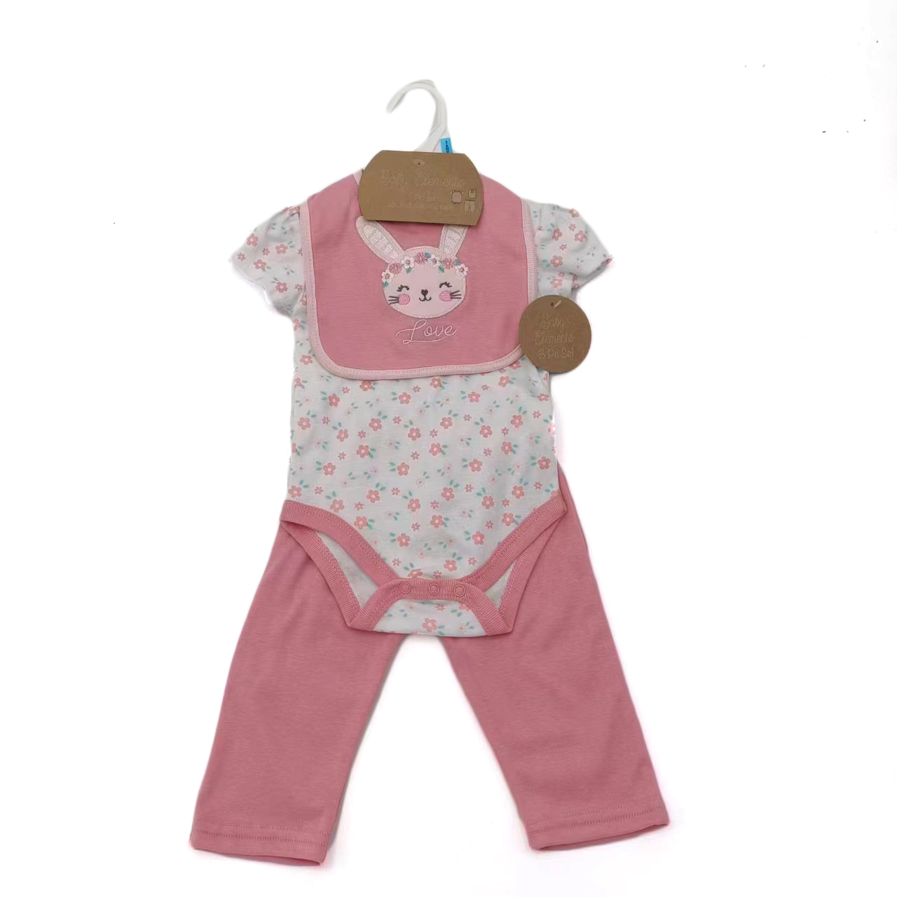 ''3-Piece Printed Romper, Pants, & Embroidered Bib Sets - Bunny Rabbit & Floral Print''