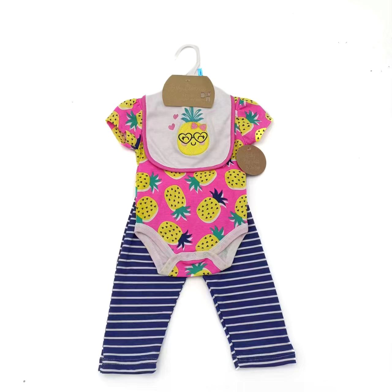 ''3-Piece Printed Romper, PANTS, & Embroidered Bib Sets - Pineapple & Stripes''