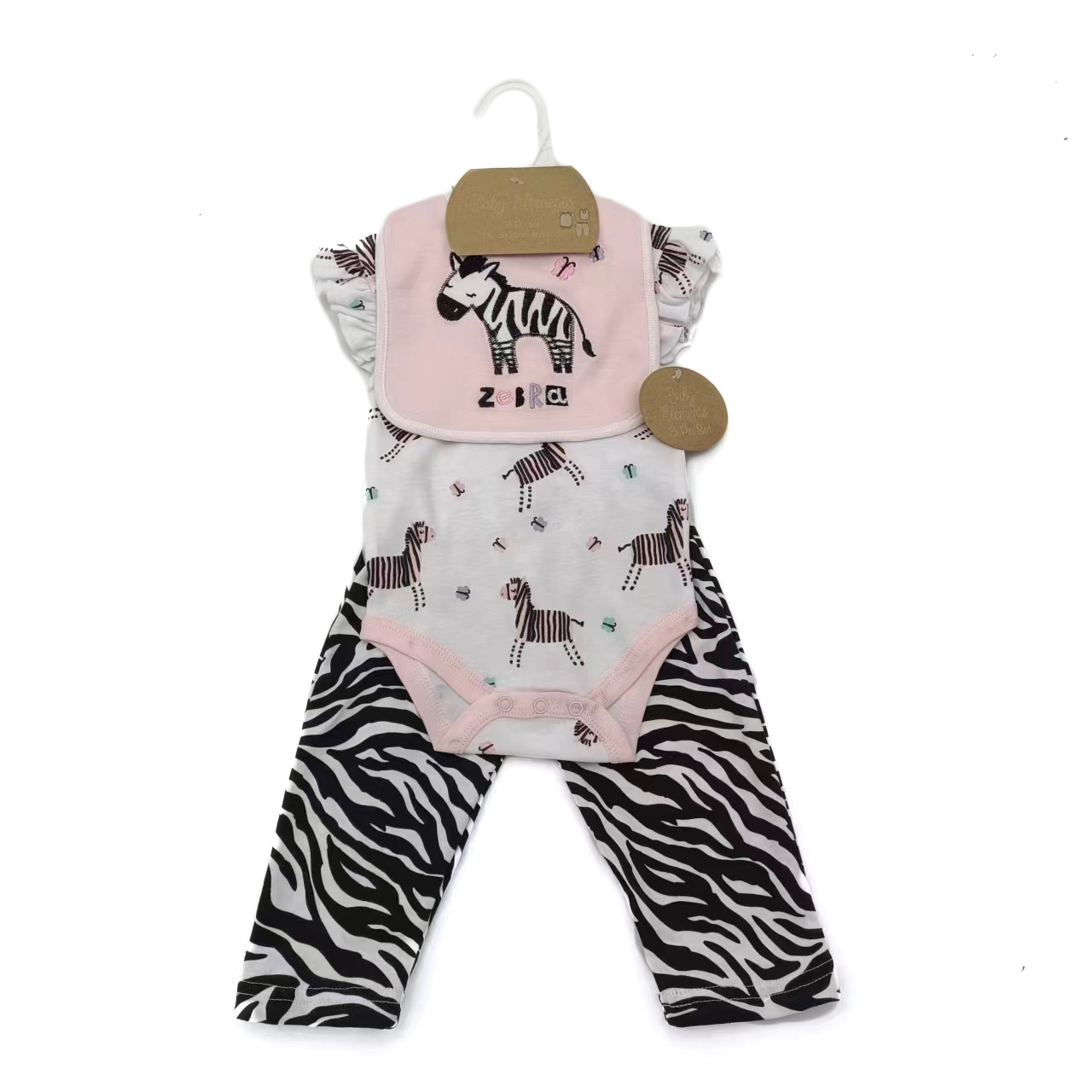 ''3-Piece Printed Romper, PANTS, & Embroidered Bib Sets - Zebra Print''