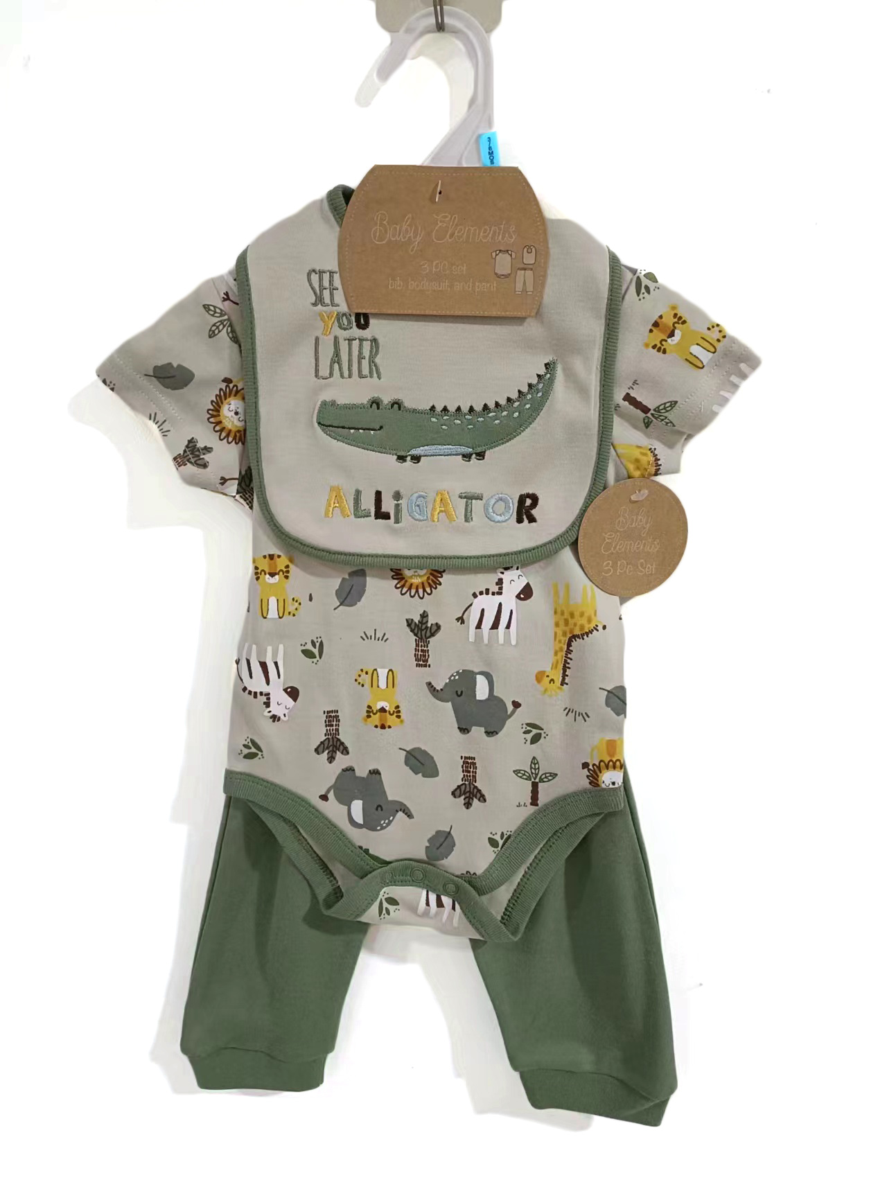 ''3-Piece Printed Romper, PANTS, & Embroidered Bib Sets - Animal Print''