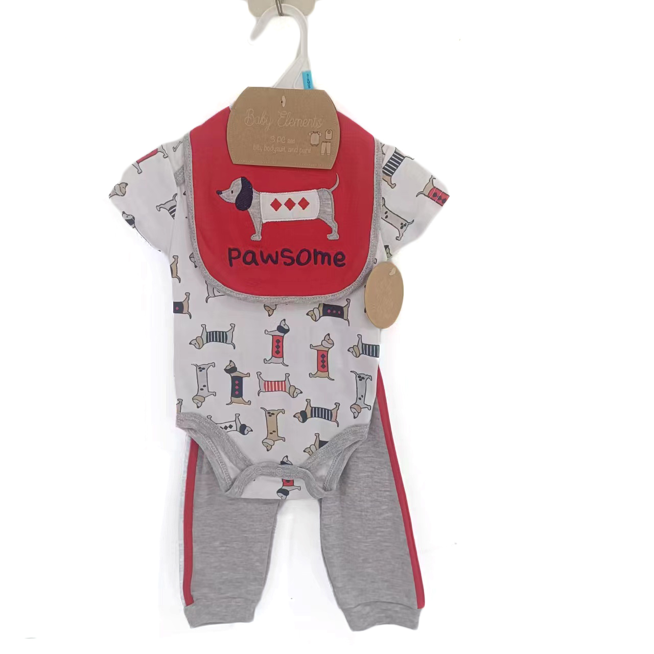 ''3-Piece Printed Romper, Pants, & Embroidered Bib Sets - Pawsome Dog Print''