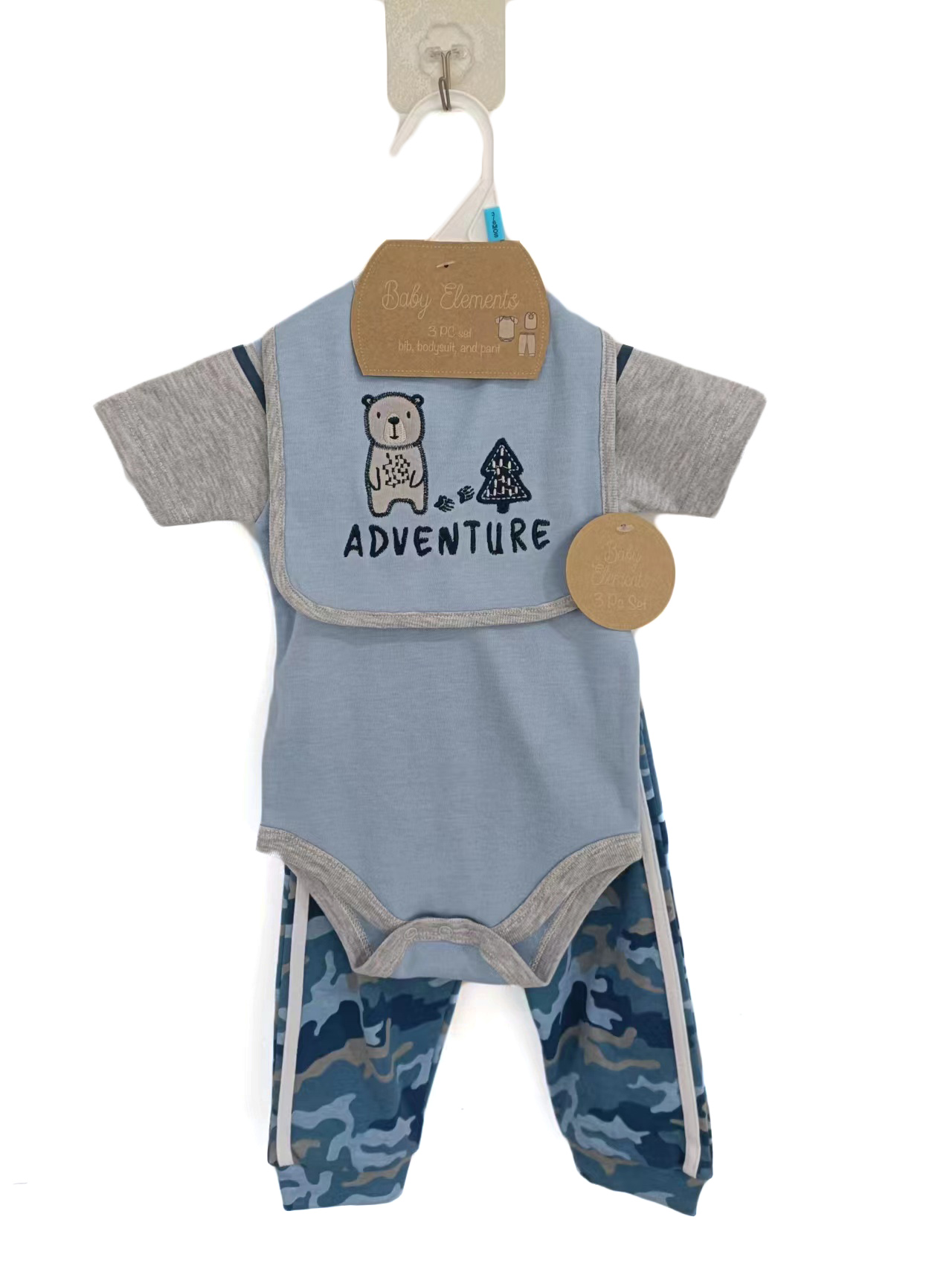 ''3-Piece Printed Romper, Pants, & Embroidered Bib Sets - Adventure Bear''