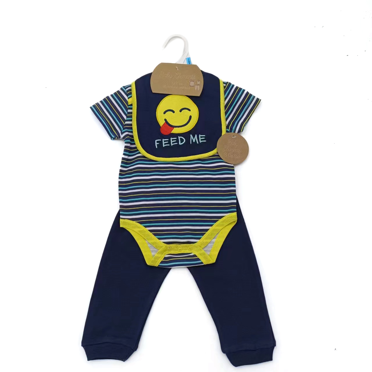 ''3-Piece Printed Romper, PANTS, & Embroidered Bib Sets - Emoji & Stiped Print''