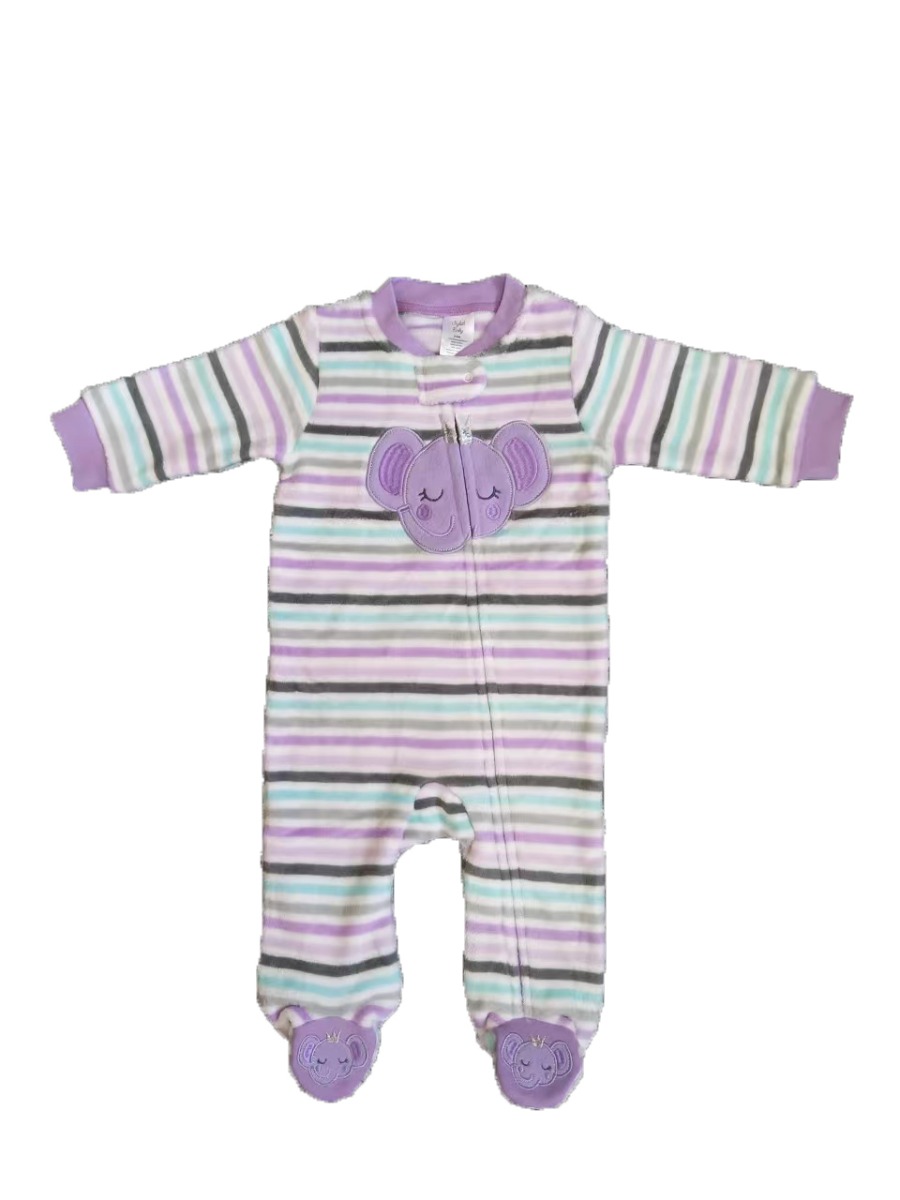 Baby's Coral Fleece Printed Onesies w/ Embroidered Applique - 0-9M -Two Tone Stripes & Elephant Prin