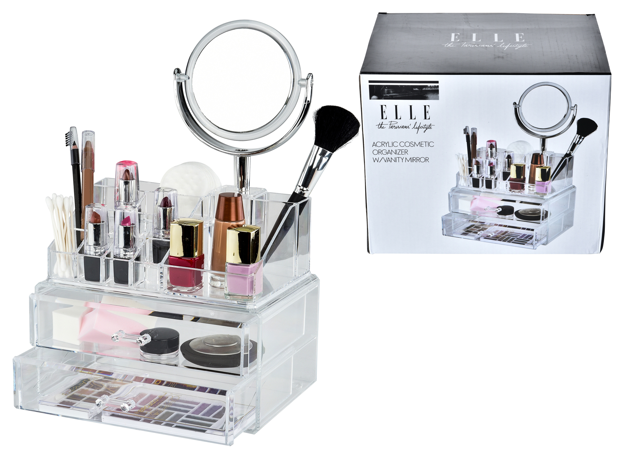 ELLE The Parisians Lifestyle Collection COSMETIC Makeup Organizers w/ Pull Out Drawers & Vanity Mirr