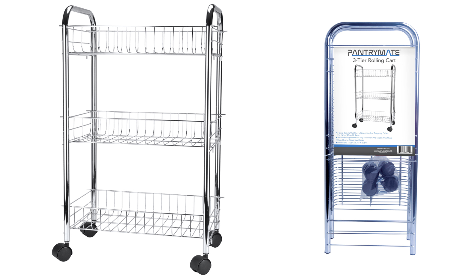 Pantrymate 3-Tier Steel Culinary & Bedroom Rolling Cart w/ Chrome Finish