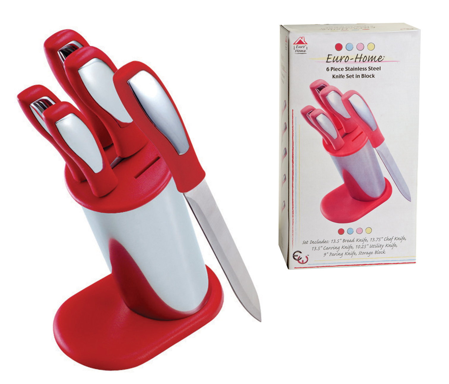 6-PC. Stainless Steel Knife Sets w/ Knife Holding Block - Red