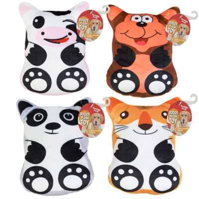 ''Dog TOY Plush With Squeaker 4 Assorted Animals Cow, Bear, Panda, Tiger In Pdq #p34104''