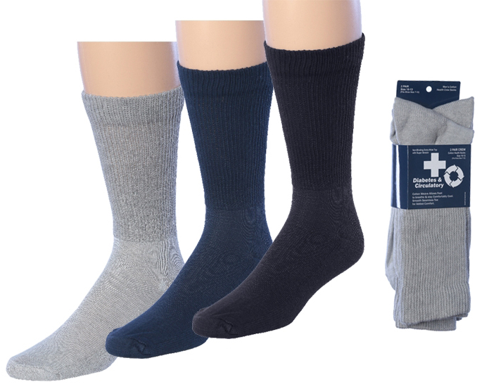 Men's Diabetic Athletic Crew SOCKS - Assorted Colors - Size 10-13 - 2-Pair Packs