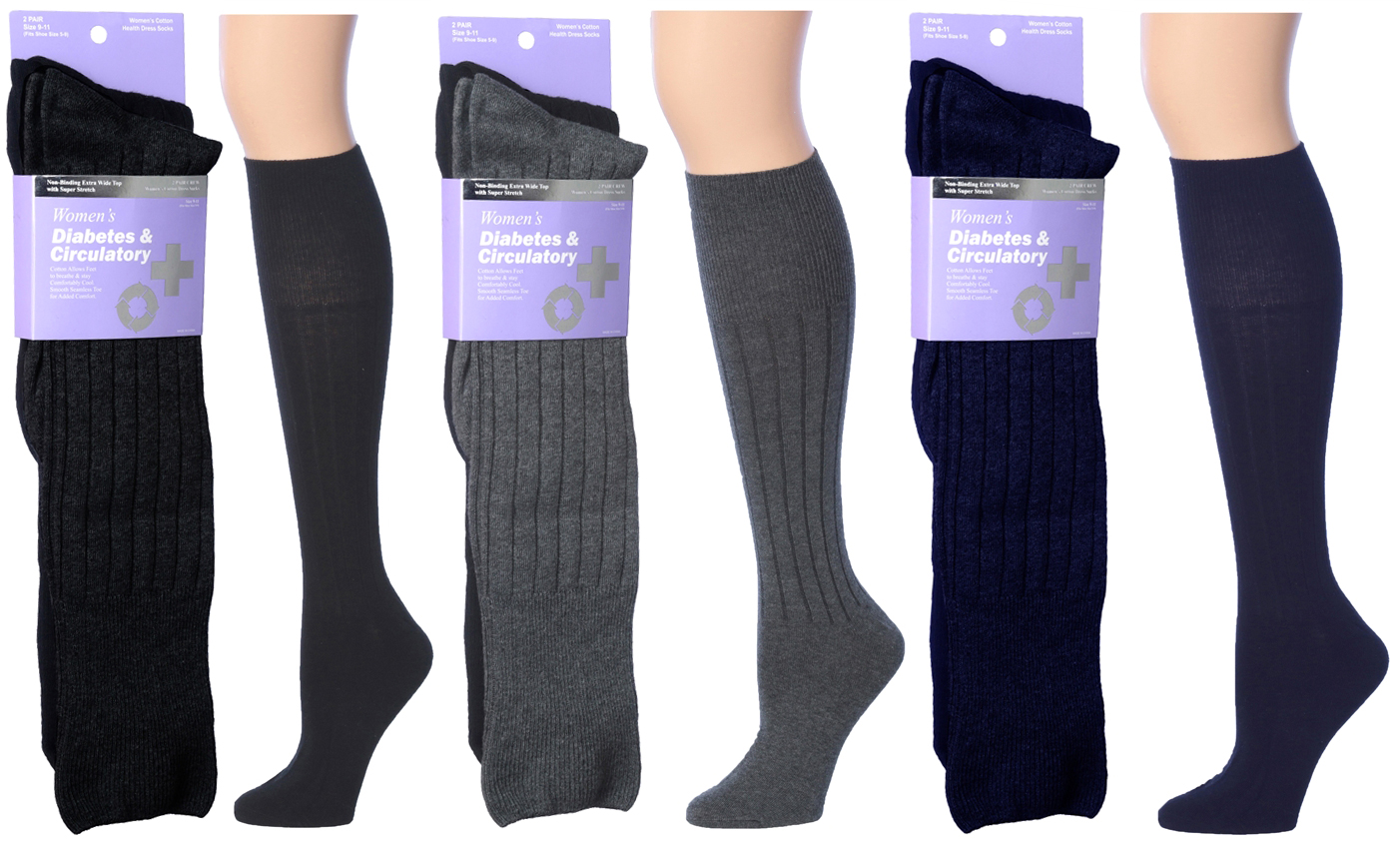 Women's Diabetic Knee High SOCKS - Assorted Colors - Size 9-11 - 2-Pair Packs