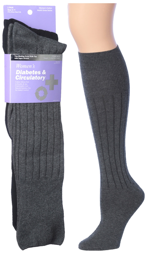 Women's Grey Diabetic Knee High SOCKS - Size 9-11 - 2-Pair Packs