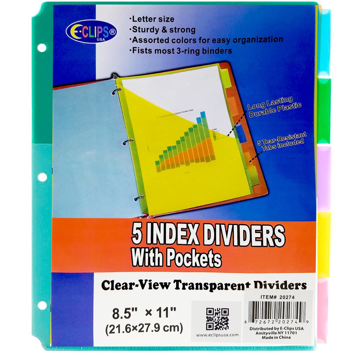 3-Ring Binder Poly Tab DIVIDERS w/ Pockets - 5 Pack