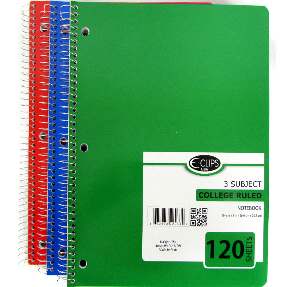 3-Subject College Ruled Notebooks - Assorted Colors - 120 SHEETS