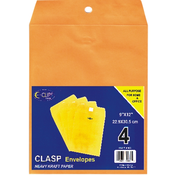 ''9'''' X 12'''' Kraft Clasp Manila ENVELOPES w/ Metal Closure & Gummed Flap - 4-Packs''