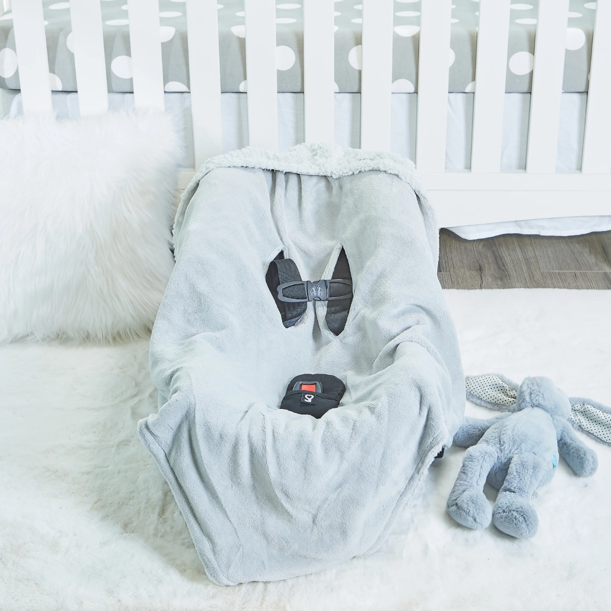 Grey Plush Hooded Car Seat BLANKET