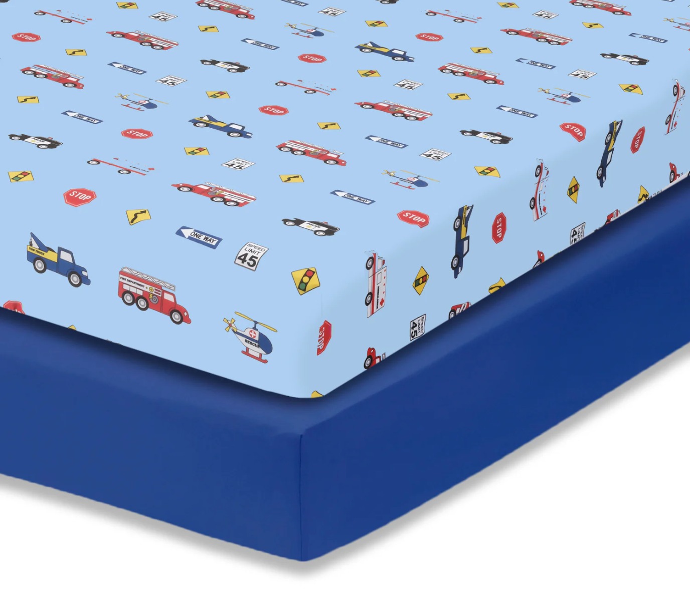 Rescue Printed & Solid Colored Blue Fitted Crib Sheets - 2-Pack