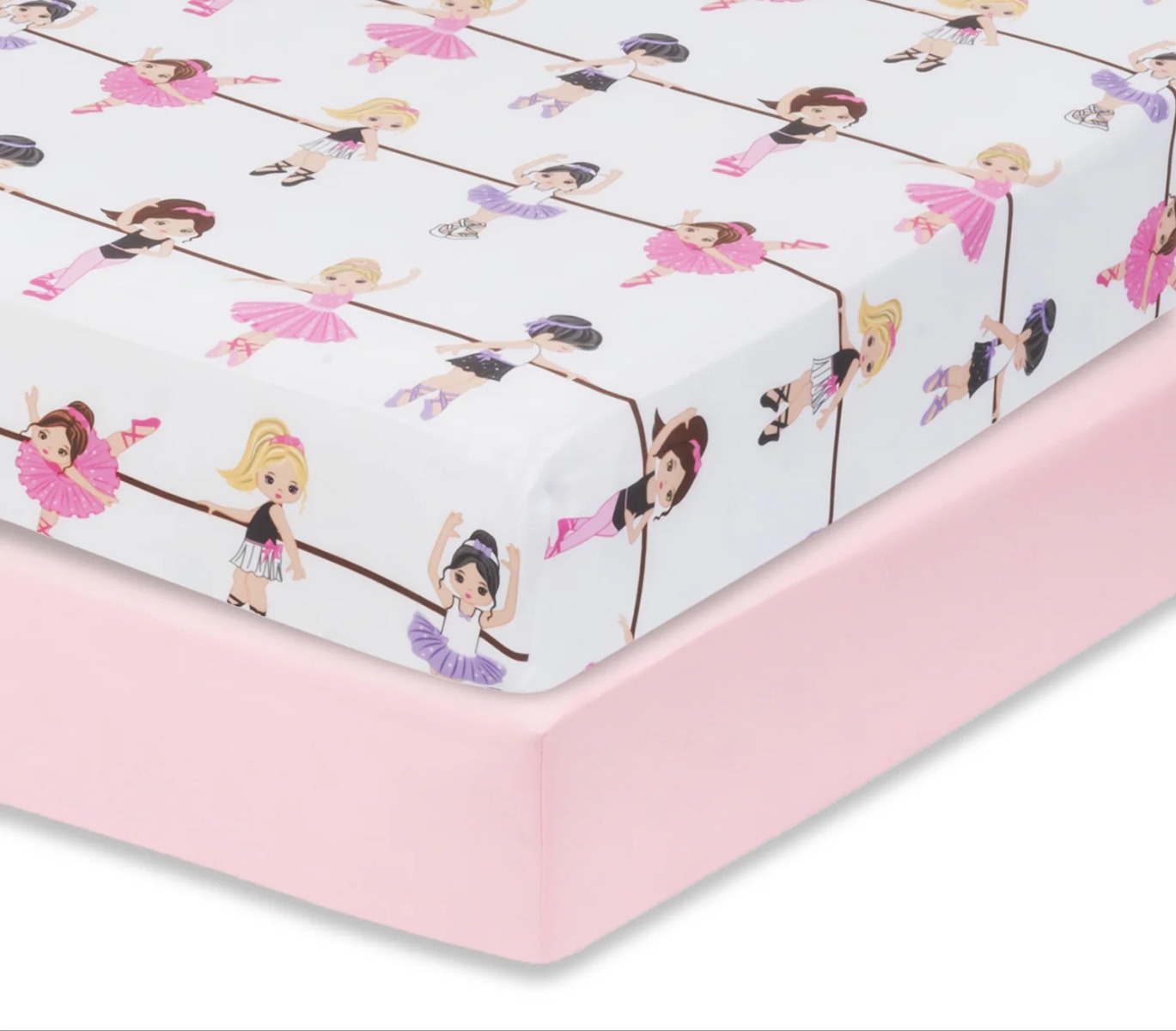 Ballerina Print & Solid Pink Fitted Girls Crib Sheets - 2-Pack