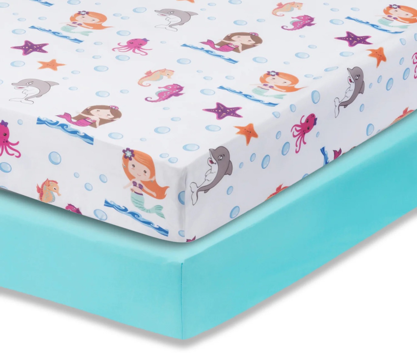 Mermaid Print & Solid Colered Aqua Fitted Crib SHEET - 2-Pack