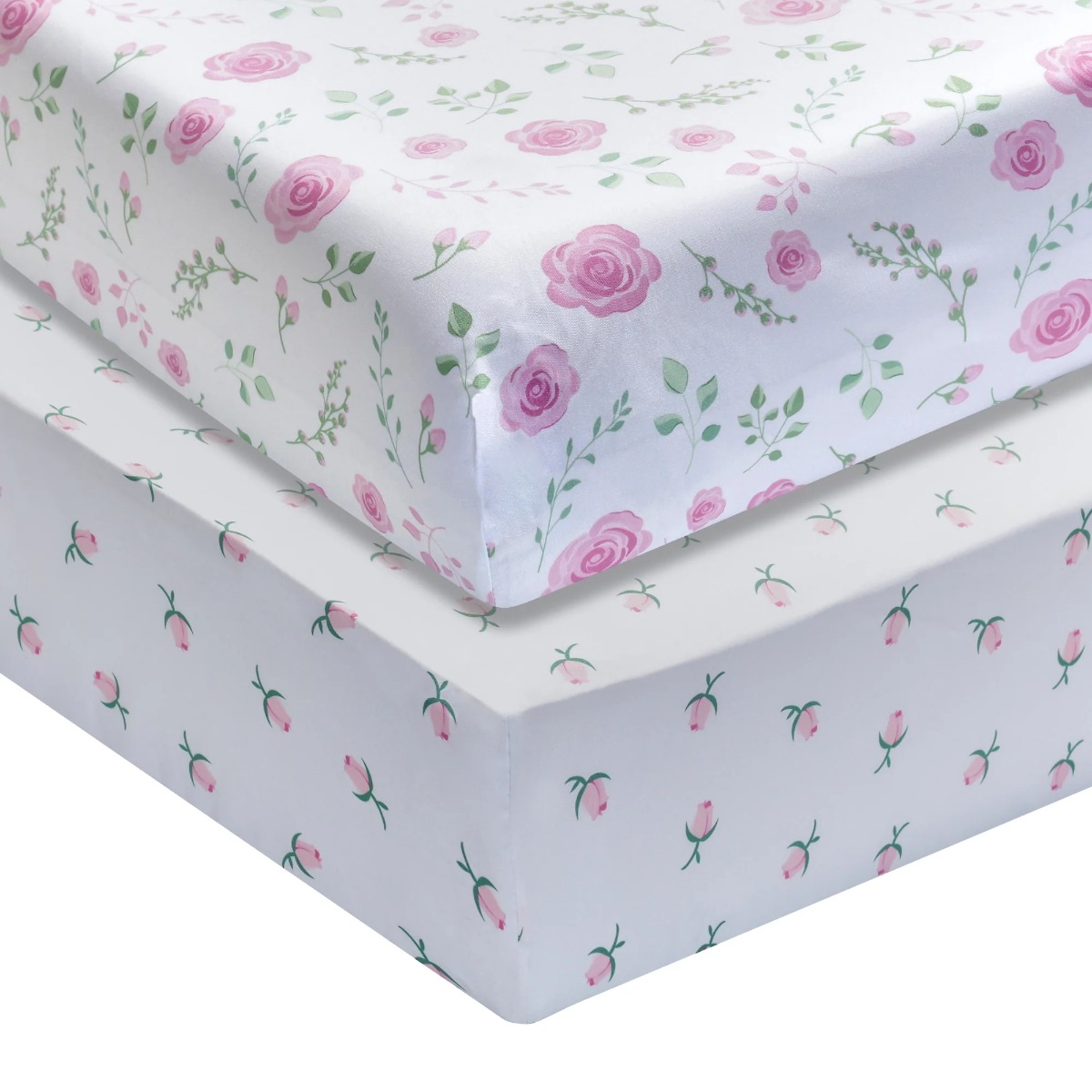 Girl's Printed Fitted Crib SHEET - Floral & Rosebud Print - 2-Pack