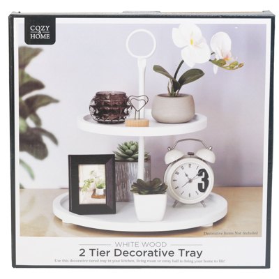 2 -teir Mdf Tray Round W/METAL Handle 12.8in 2 Asst Blk/white Bottom 11.7in Dia/top 8.6in Dia Color 