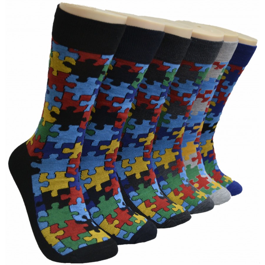 Men's Novelty Crew Socks - PUZZLE Print for Autism Awareness - Size 10-13