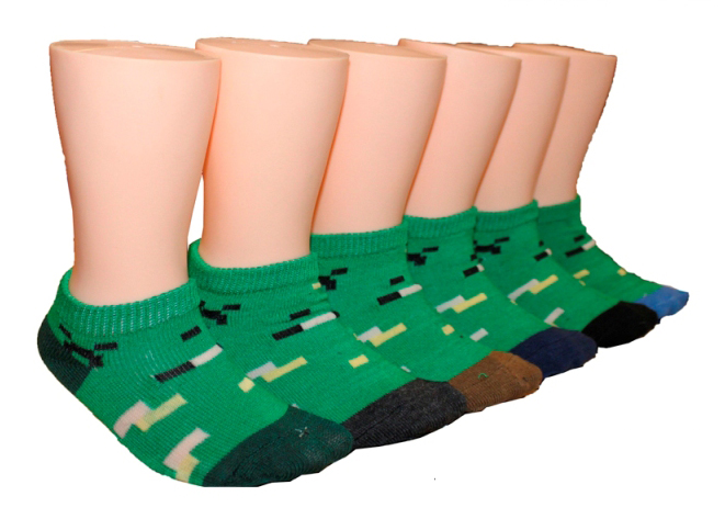 Boy's & Girl's Low Cut Novelty SOCKS - Pixel Camoflauge Print - 3-Pair Packs - Size 6-8