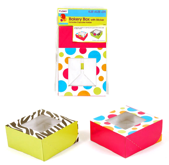 ''6.25'''' Bakery Box w/ Sticker & Cupcake Holder - Assorted Colors''