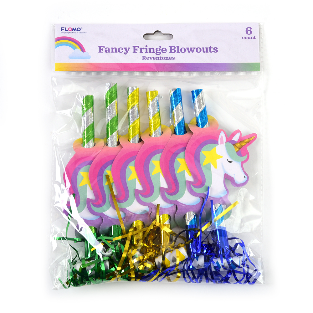 Party Blowouts w/ UNICORN Icon & Fancy Fringe - 6-Packs