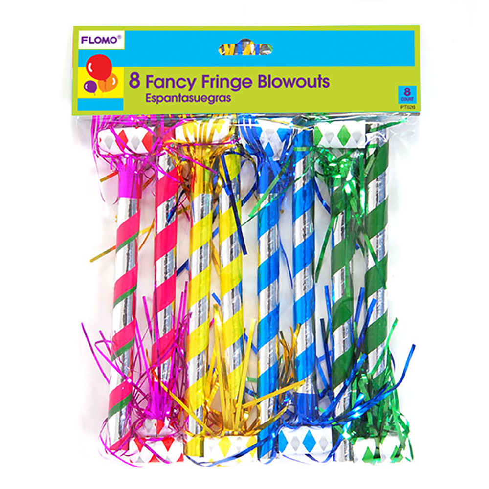 Metallic Fancy Fringed Party Blowers w/ DIAMOND Print Tips - 8-Pack